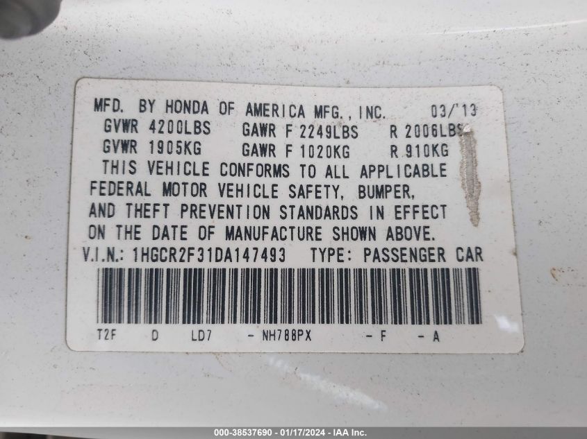 2013 HONDA ACCORD LX - 1HGCR2F31DA147493