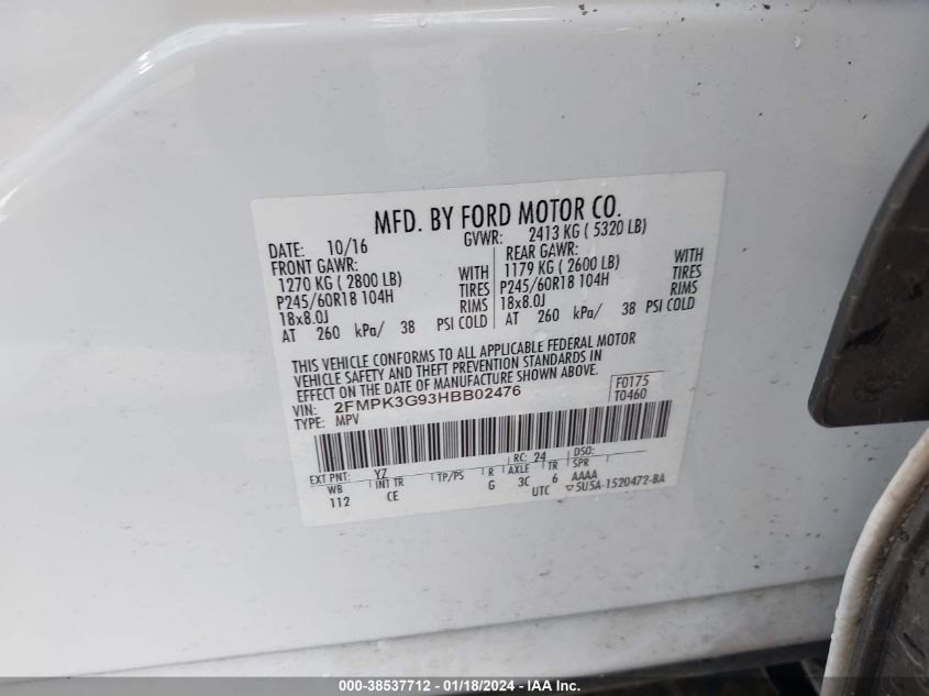 VIN 2FMPK3G93HBB02476 2017 FORD EDGE SE