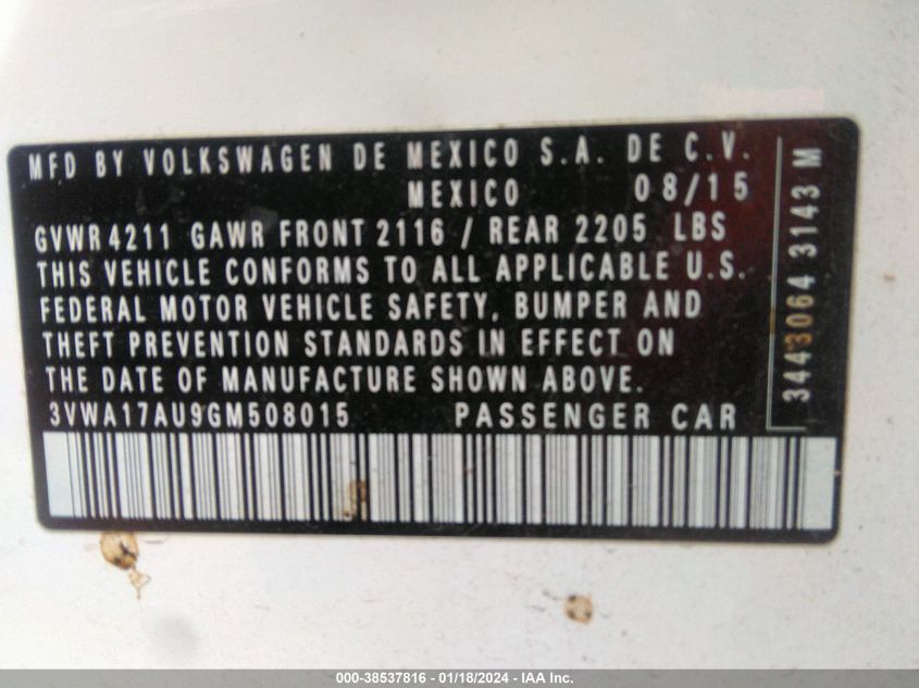 2016 VOLKSWAGEN GOLF SPORTWAGEN TSI S 4-DOOR - 3VWA17AU9GM508015