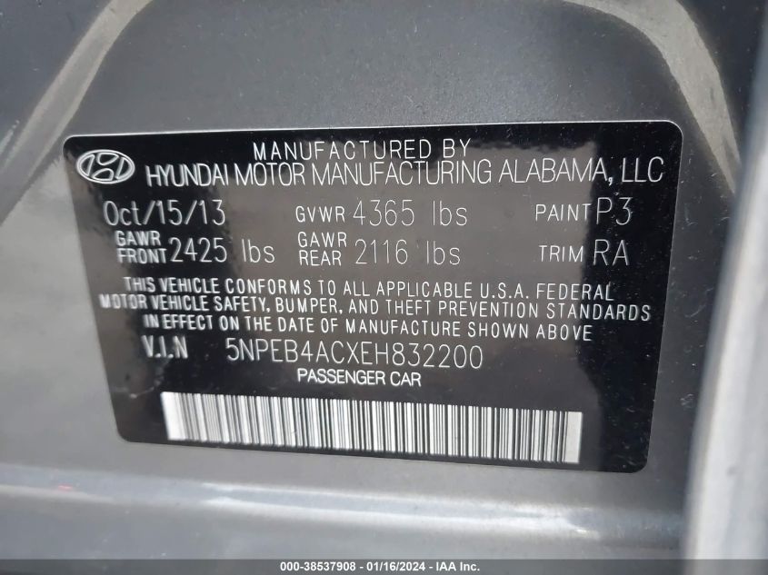 2014 HYUNDAI SONATA GLS - 5NPEB4ACXEH832200