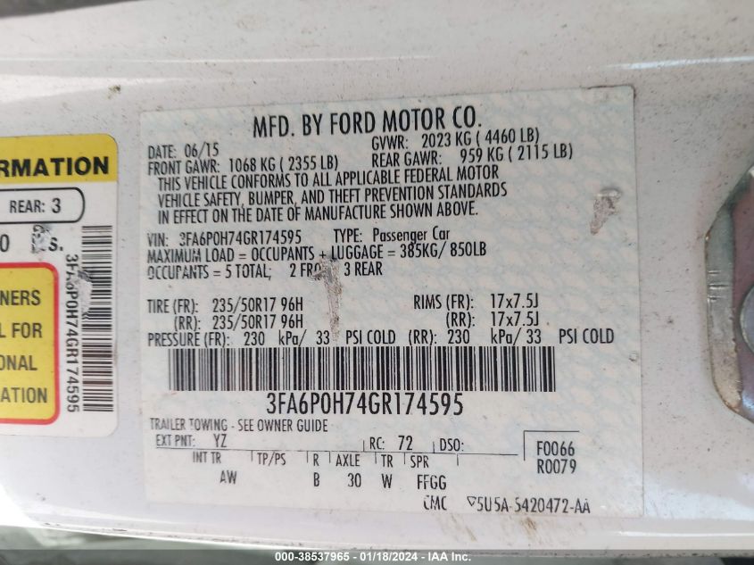 2016 FORD FUSION SE - 3FA6P0H74GR174595