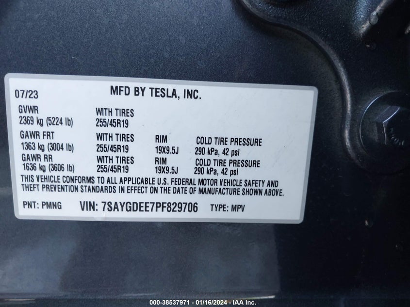 VIN 7SAYGDEE7PF829706 2023 TESLA MODEL Y