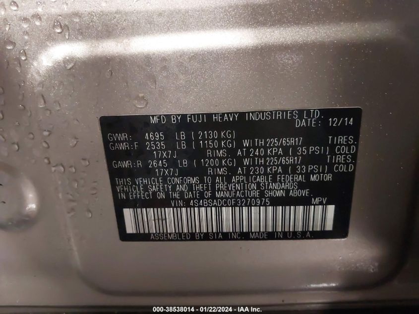 2015 SUBARU OUTBACK 2.5I PREMIUM - 4S4BSADC0F3270975