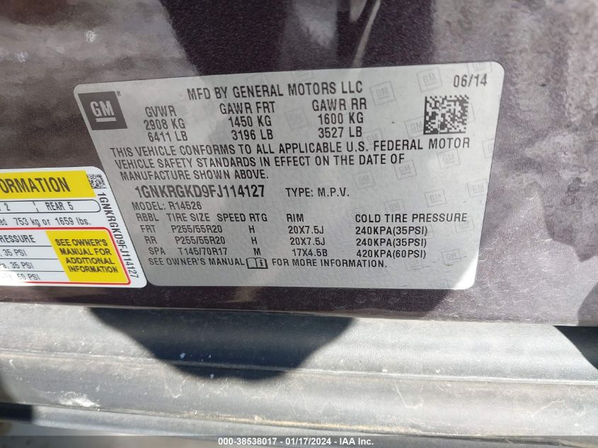2015 CHEVROLET TRAVERSE LT - 1GNKRGKD9FJ114127