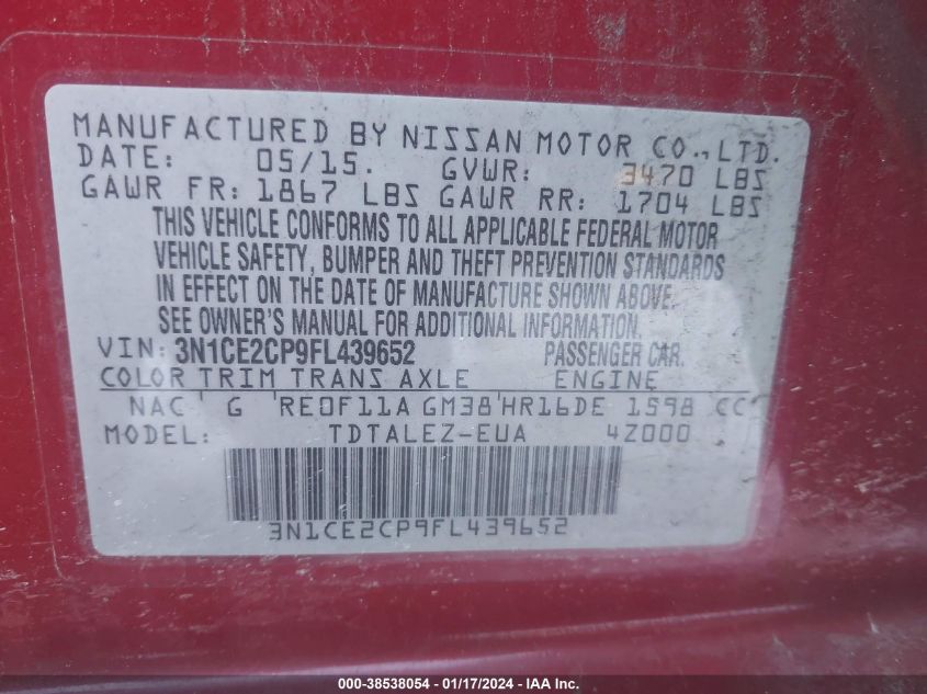 2015 NISSAN VERSA NOTE S/S PLUS/SV/SL/SR - 3N1CE2CP9FL439652