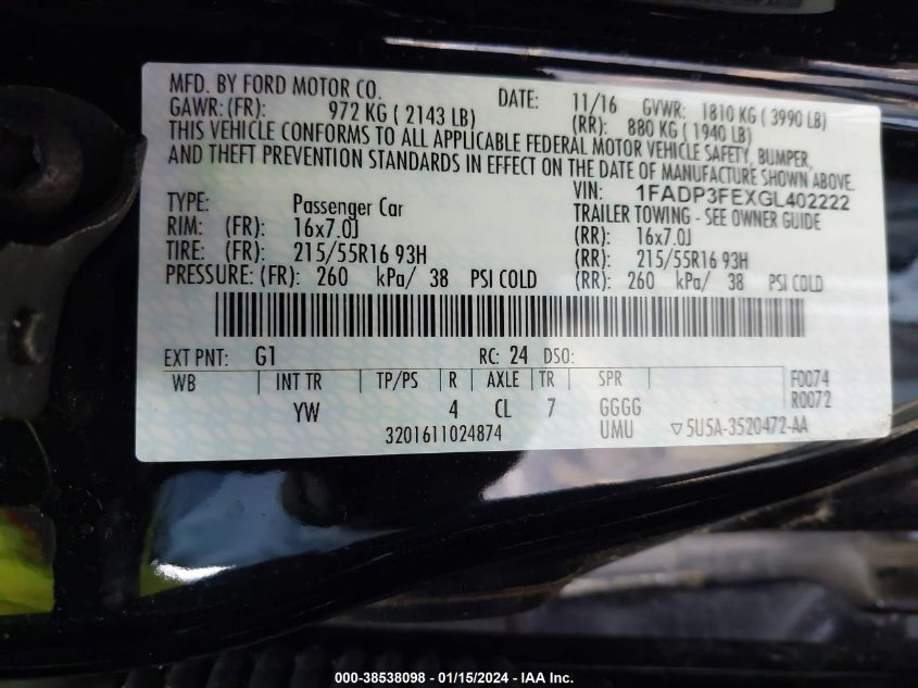 2016 FORD FOCUS SE - 1FADP3FEXGL402222