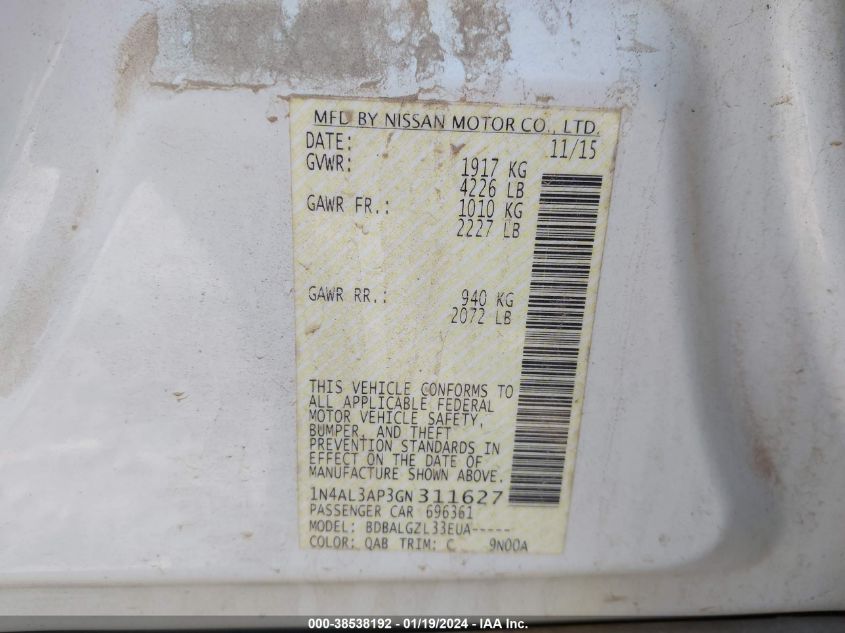 2016 NISSAN ALTIMA 2.5 S - 1N4AL3AP3GN311627
