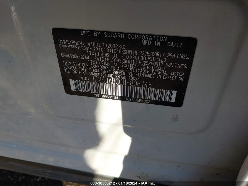 2017 SUBARU FORESTER 2.5I - JF2SJABC0HH806745