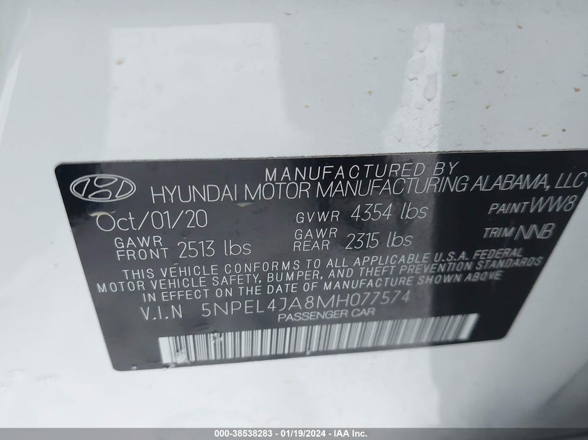 VIN 5NPEL4JA8MH077574 2021 HYUNDAI SONATA SEL