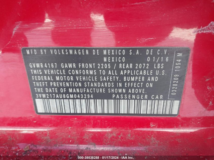 2016 VOLKSWAGEN GOLF TSI S 4-DOOR - 3VW217AU8GM043294