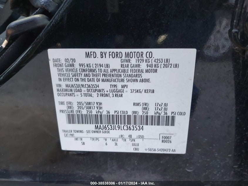 VIN MAJ6S3JL9LC363534 2020 FORD ECOSPORT SES