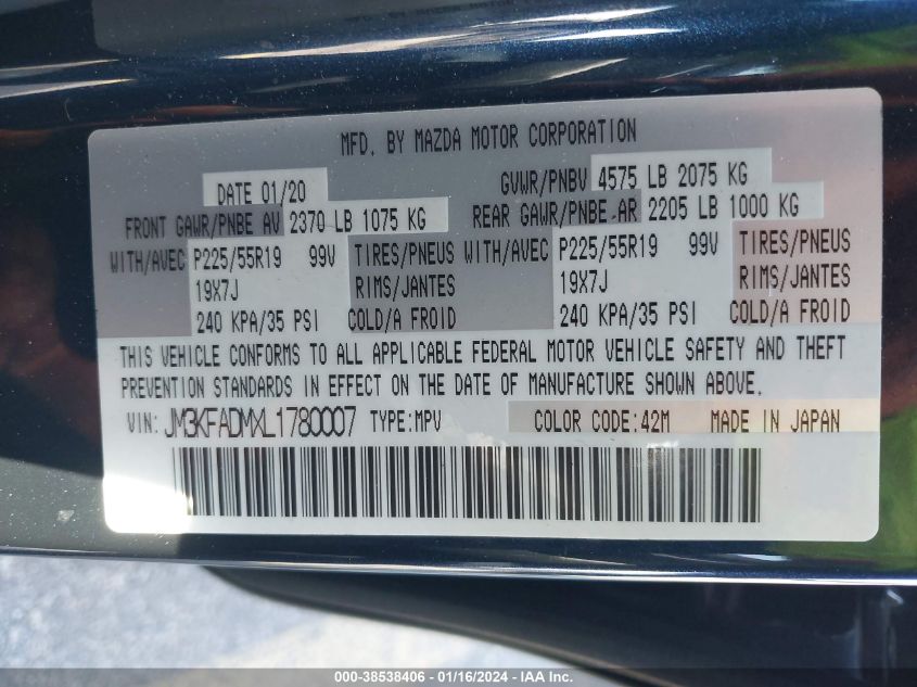 2020 MAZDA CX-5 GRAND TOURING - JM3KFADMXL1780007