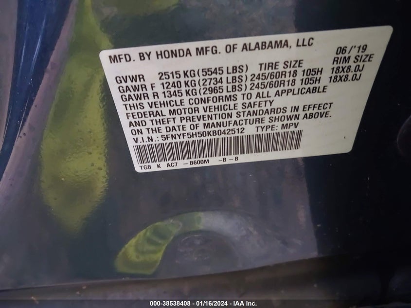 VIN 5FNYF5H50KB042512 2019 HONDA PILOT EXL