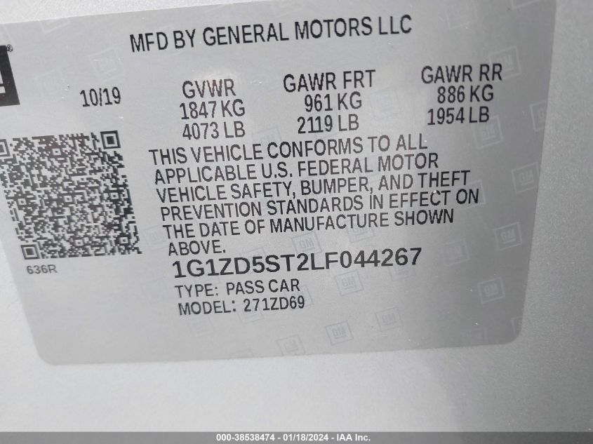 2020 CHEVROLET MALIBU FWD LT - 1G1ZD5ST2LF044267