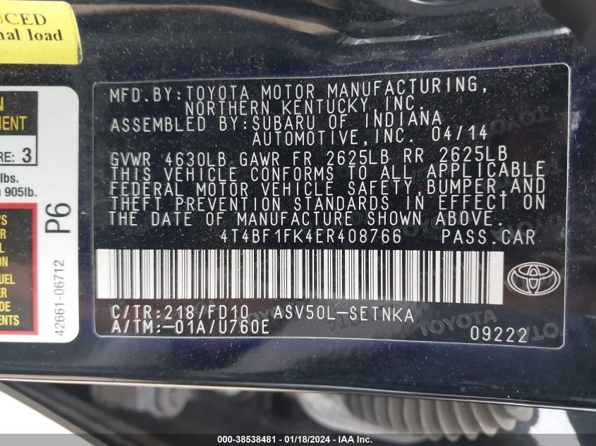 2014 TOYOTA CAMRY LE - 4T4BF1FK4ER408766
