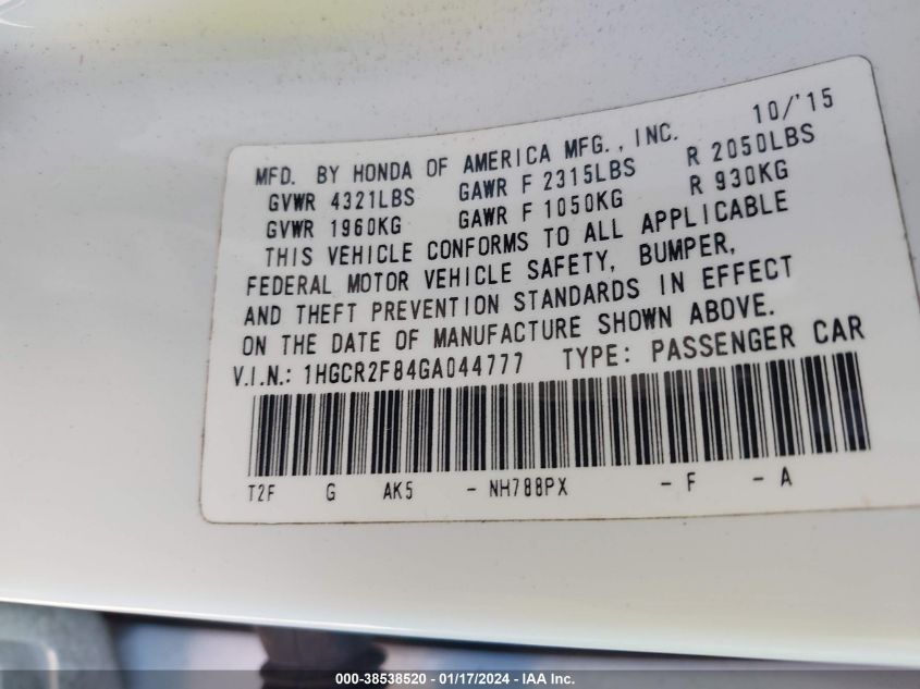 2016 HONDA ACCORD EXL - 1HGCR2F84GA044777