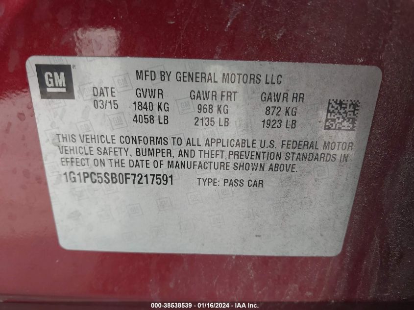 2015 CHEVROLET CRUZE 1LT AUTO - 1G1PC5SB0F7217591