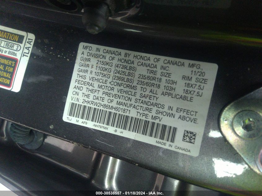 2021 HONDA CR-V AWD EX-L - 2HKRW2H86MH601871