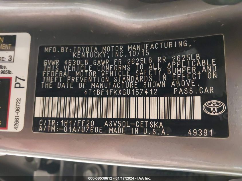 2016 TOYOTA CAMRY LE/XLE/SE/XSE - 4T1BF1FKXGU157412
