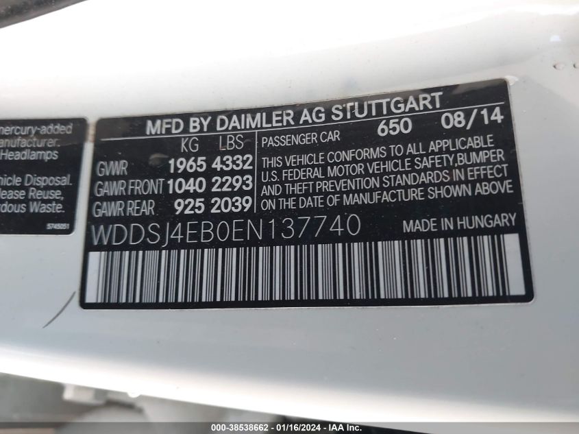 2014 MERCEDES-BENZ CLA 250 - WDDSJ4EB0EN137740