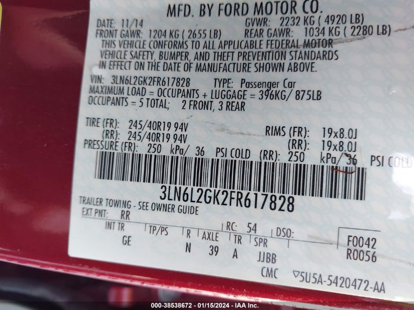 2015 LINCOLN MKZ - 3LN6L2GK2FR617828