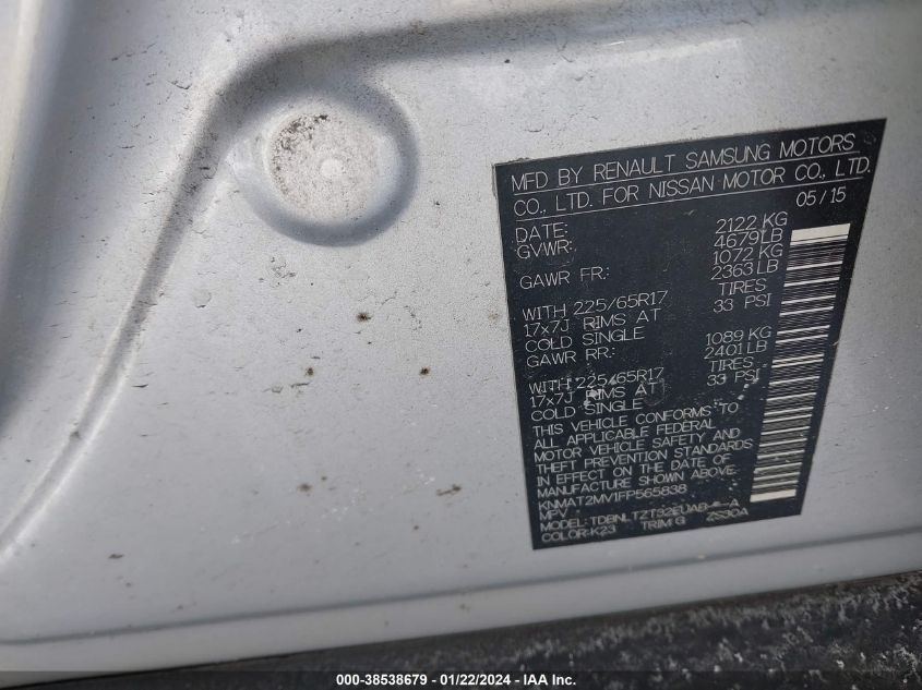 2015 NISSAN ROGUE S/SL/SV - KNMAT2MV1FP565838