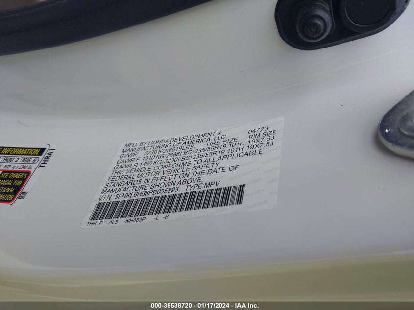 VIN 5FNRL6H98PB055893 2023 HONDA ODYSSEY ELITE