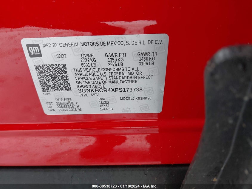 VIN 3GNKBCR4XPS173738 2023 CHEVROLET BLAZER 2LT