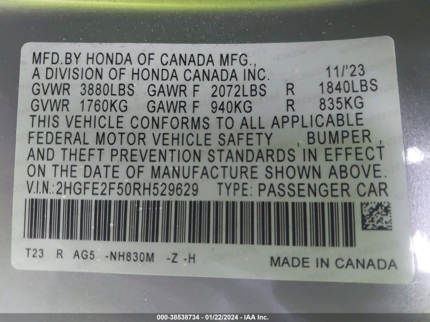 2024 HONDA CIVIC SPORT - 2HGFE2F50RH529629
