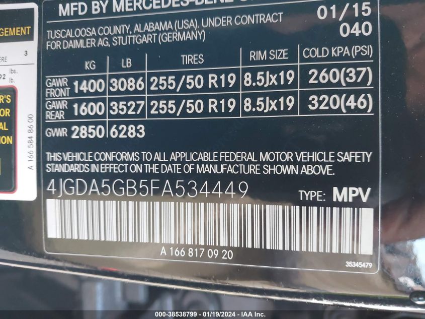 2015 MERCEDES-BENZ ML 400 4MATIC 4JGDA5GB5FA534449