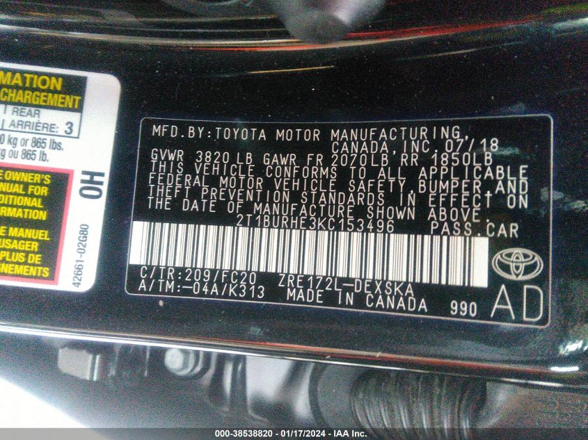2019 TOYOTA COROLLA SE - 2T1BURHE3KC153496
