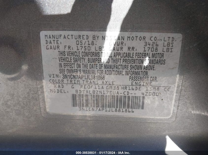 2018 NISSAN VERSA S/S PLUS/SV/SL - 3N1CN7AP1JL881866