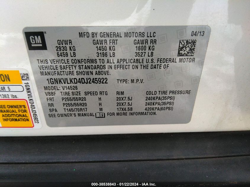 2013 CHEVROLET TRAVERSE LTZ - 1GNKVLKD4DJ245922