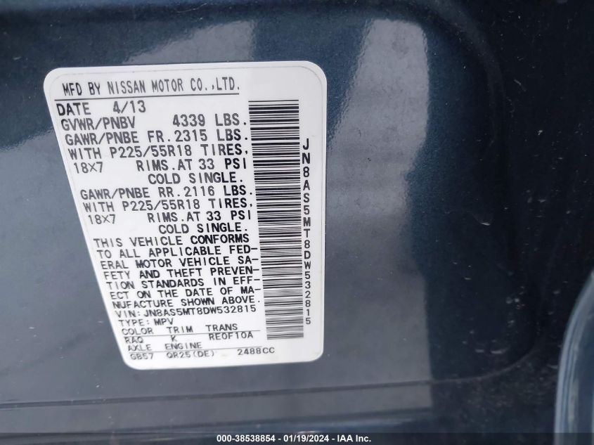 2013 NISSAN ROGUE S/SV - JN8AS5MT8DW532815