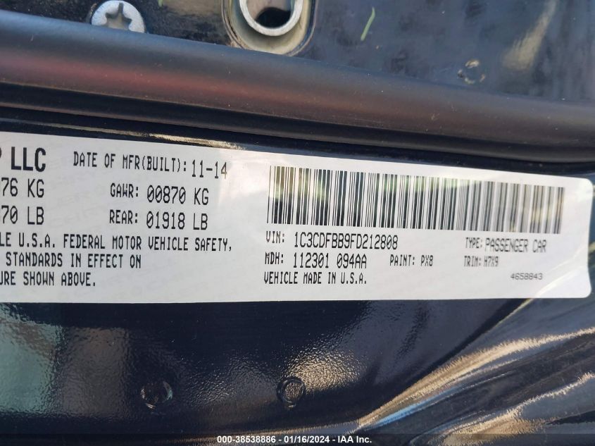 2015 DODGE DART SXT - 1C3CDFBB9FD212808