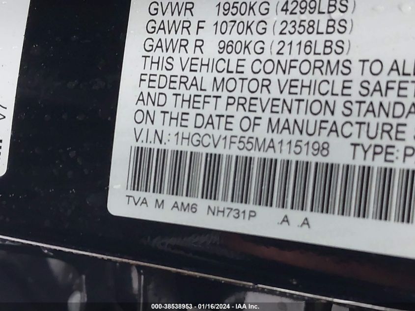 2021 HONDA ACCORD EX-L - 1HGCV1F55MA115198