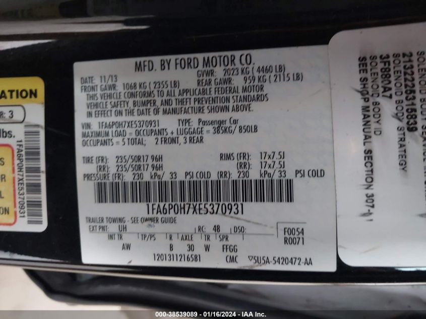 2014 FORD FUSION SE - 1FA6P0H7ZE5370931