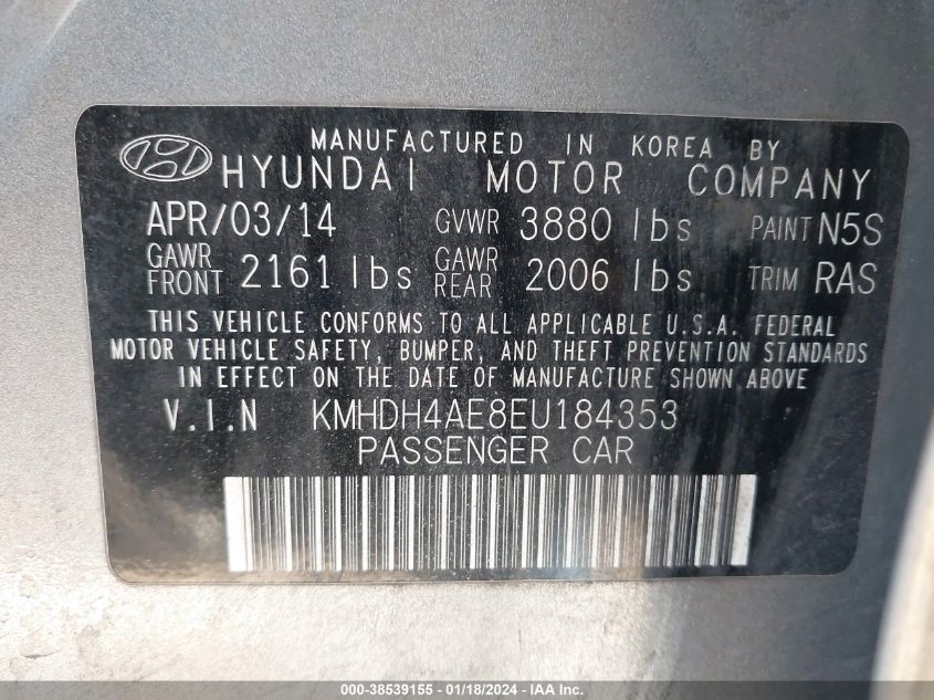 2014 HYUNDAI ELANTRA SE/SPORT/LIMITED - KMHDH4AE8EU184353