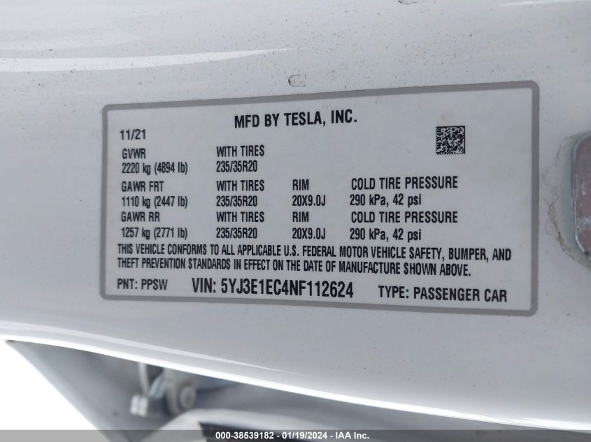2022 TESLA MODEL 3 PERFORMANCE DUAL MOTOR ALL-WHEEL DRIVE - 5YJ3E1EC4NF112624
