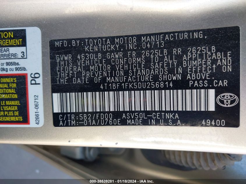 2013 TOYOTA CAMRY LE - 4T1BF1FK5DU256814