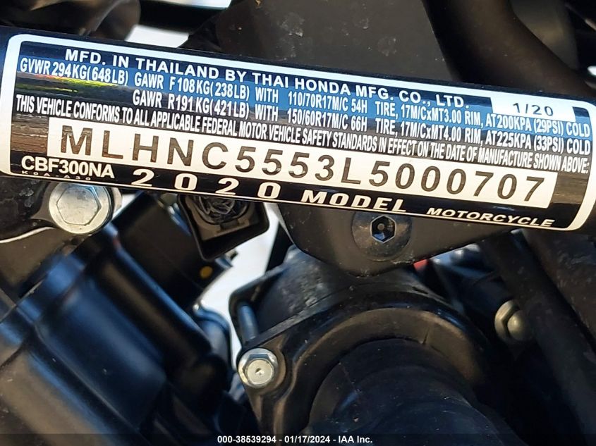 2020 HONDA CBF300 NA - MLHNC5553L5000707