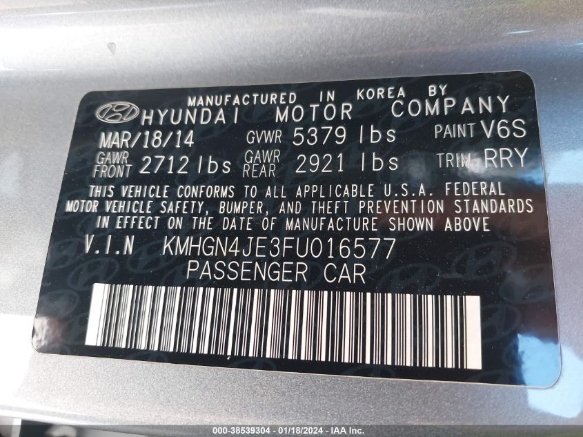 2015 HYUNDAI GENESIS 3.8 - KMHGN4JE3FU016577