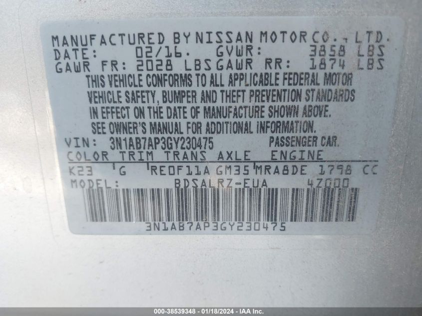 2016 NISSAN SENTRA S/SV/SR/SL - 3N1AB7AP3GY230475