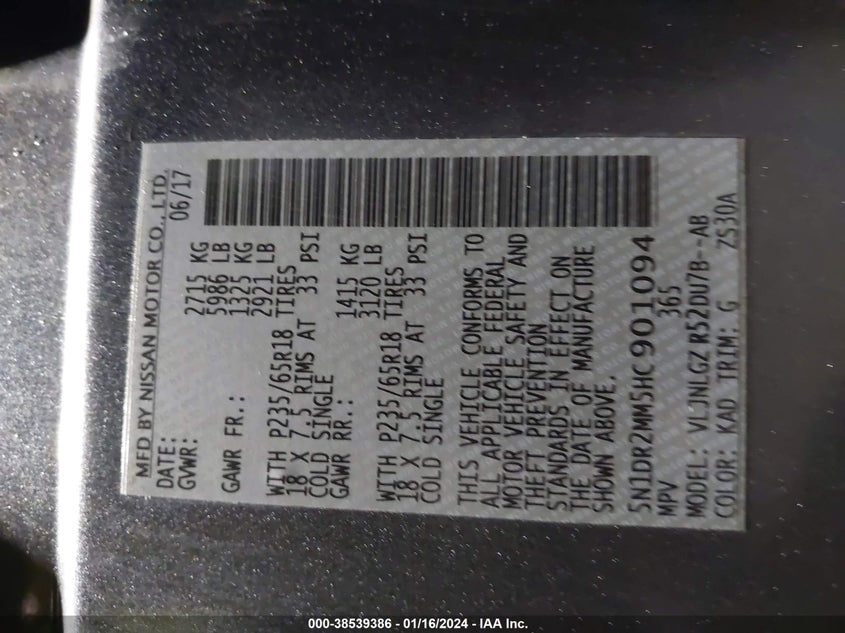 VIN 5N1DR2MM5HC901094 2017 NISSAN PATHFINDER S/SV/SL/PLATINUM