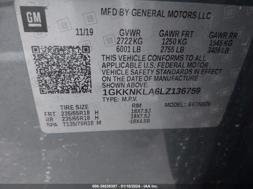 2020 GMC ACADIA FWD SLE - 1GKKNKLA6LZ136759