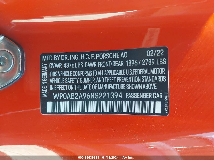 2022 PORSCHE 911 CARRERA S/CARRERA 4S/CARR - WP0AB2A96NS221394