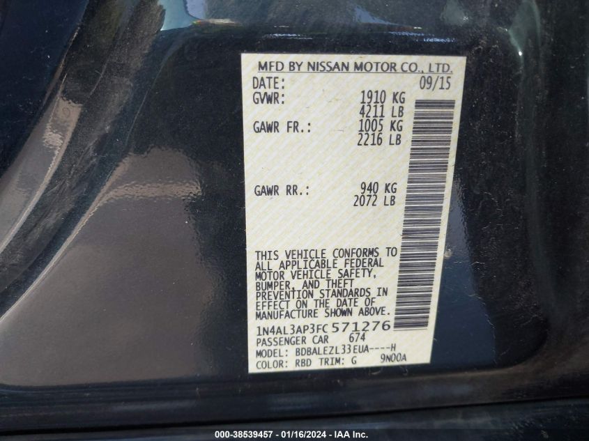 2015 NISSAN ALTIMA 2.5/S/SV/SL - 1N4AL3AP3FC571276