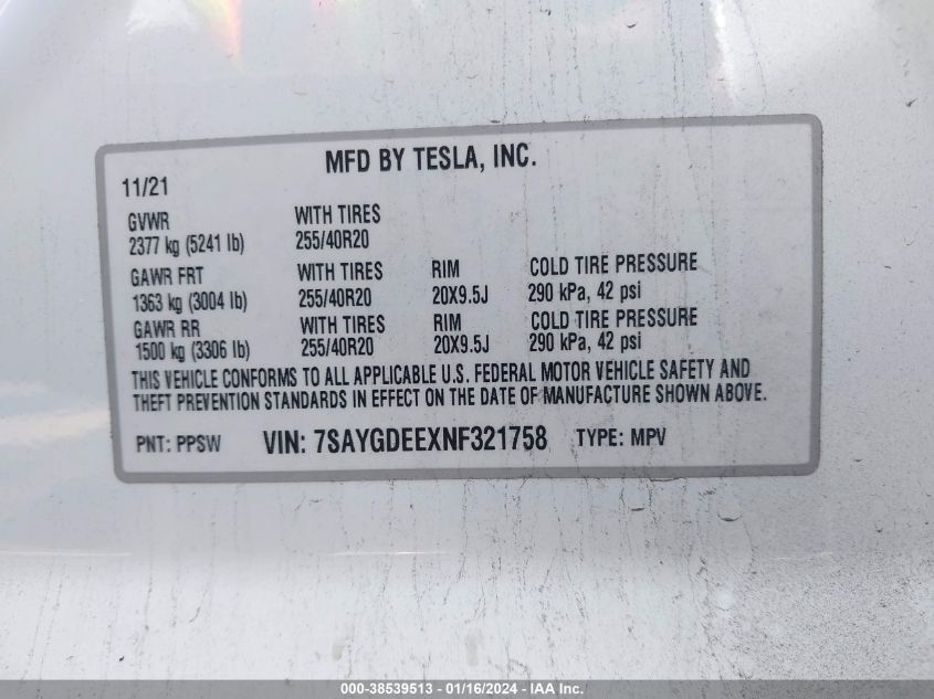 2022 TESLA MODEL Y LONG RANGE DUAL MOTOR ALL-WHEEL DRIVE - 7SAYGDEEXNF321758