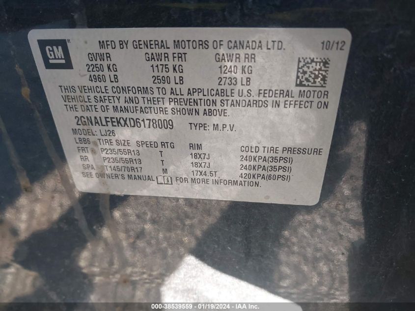 2013 CHEVROLET EQUINOX LTZ - 2GNALFEKXD6178009