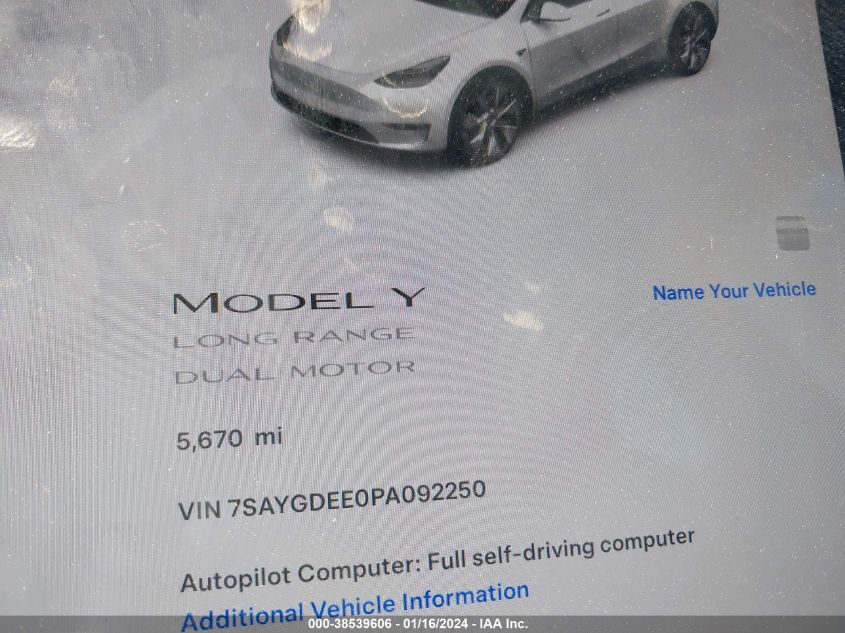 2023 TESLA MODEL Y AWD/LONG RANGE DUAL MOTOR ALL-WHEEL DRIVE - 7SAYGDEE0PA092250